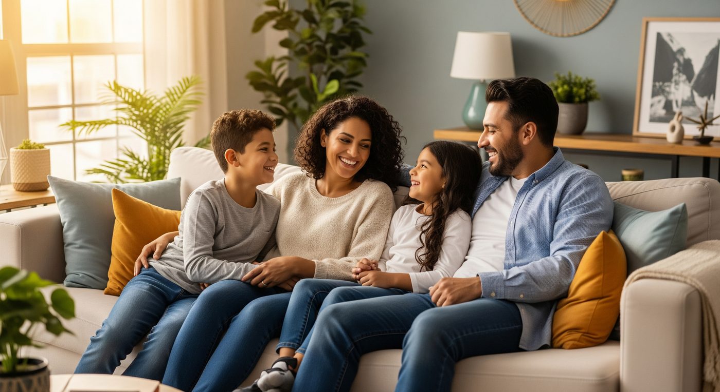 Família feliz na sala do imóvel novo